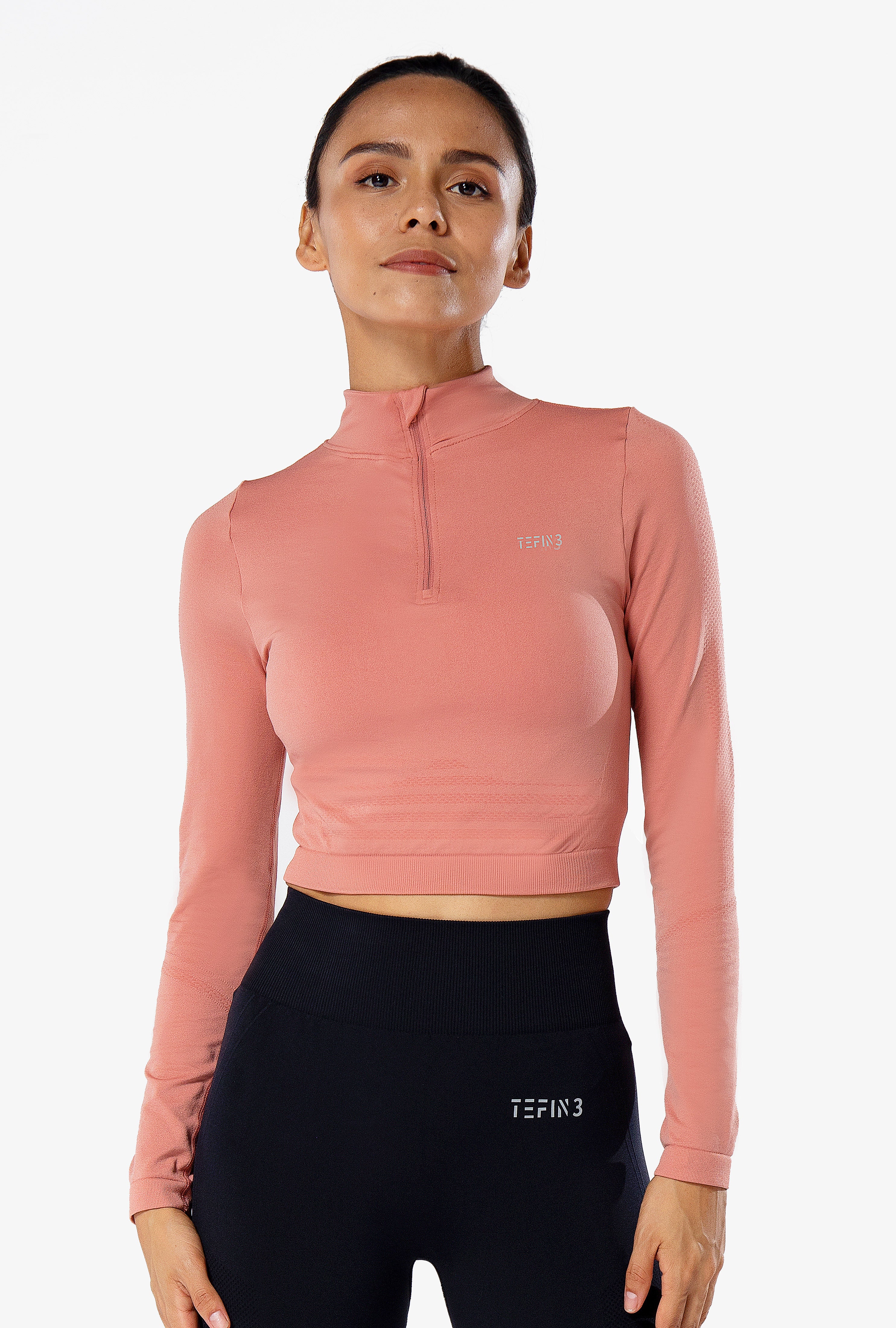 Comfy Seamless Long Sleeve Zip Crop Top Rose Brown