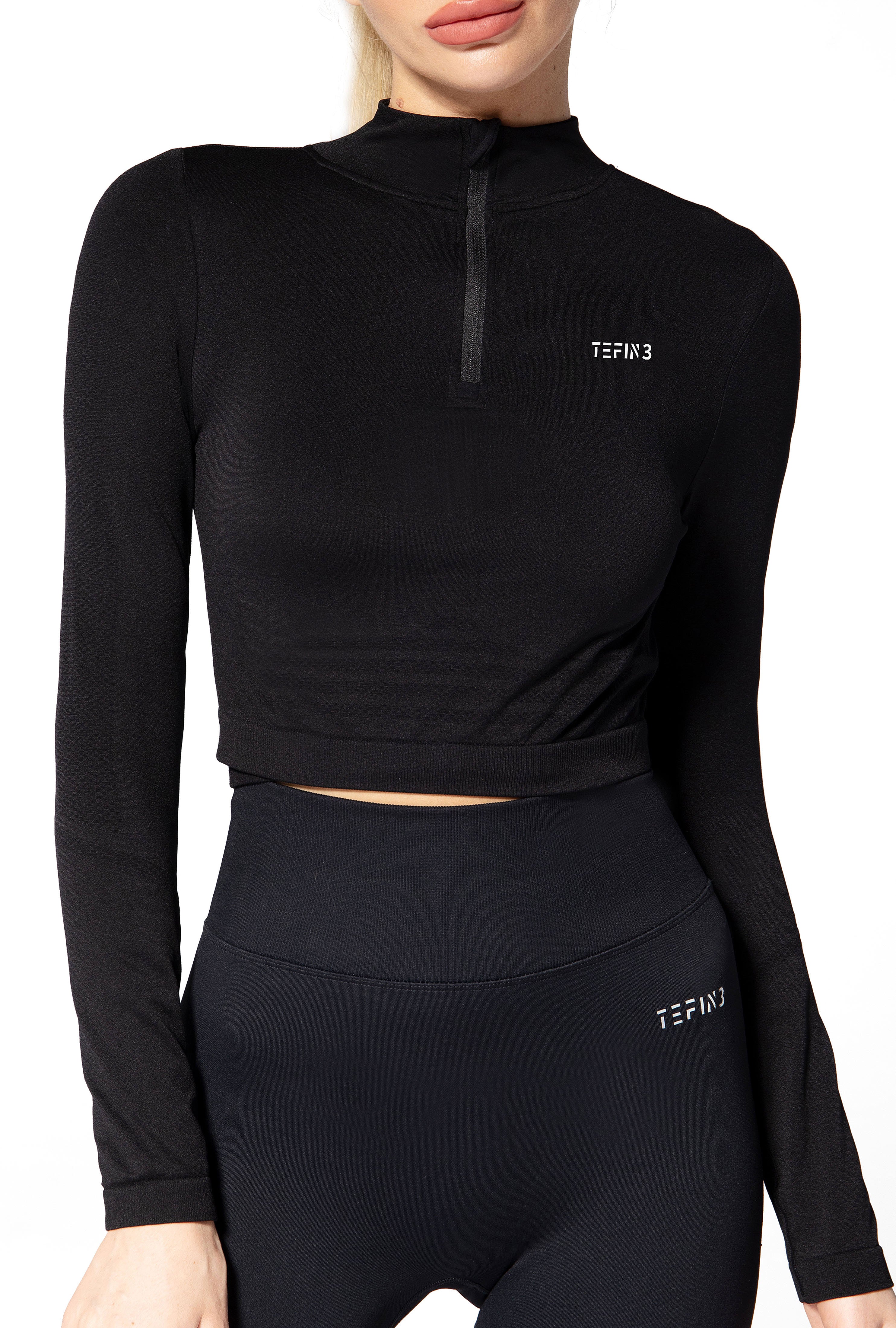 Comfy Seamless Long Sleeve Zip Crop Top Black(3)