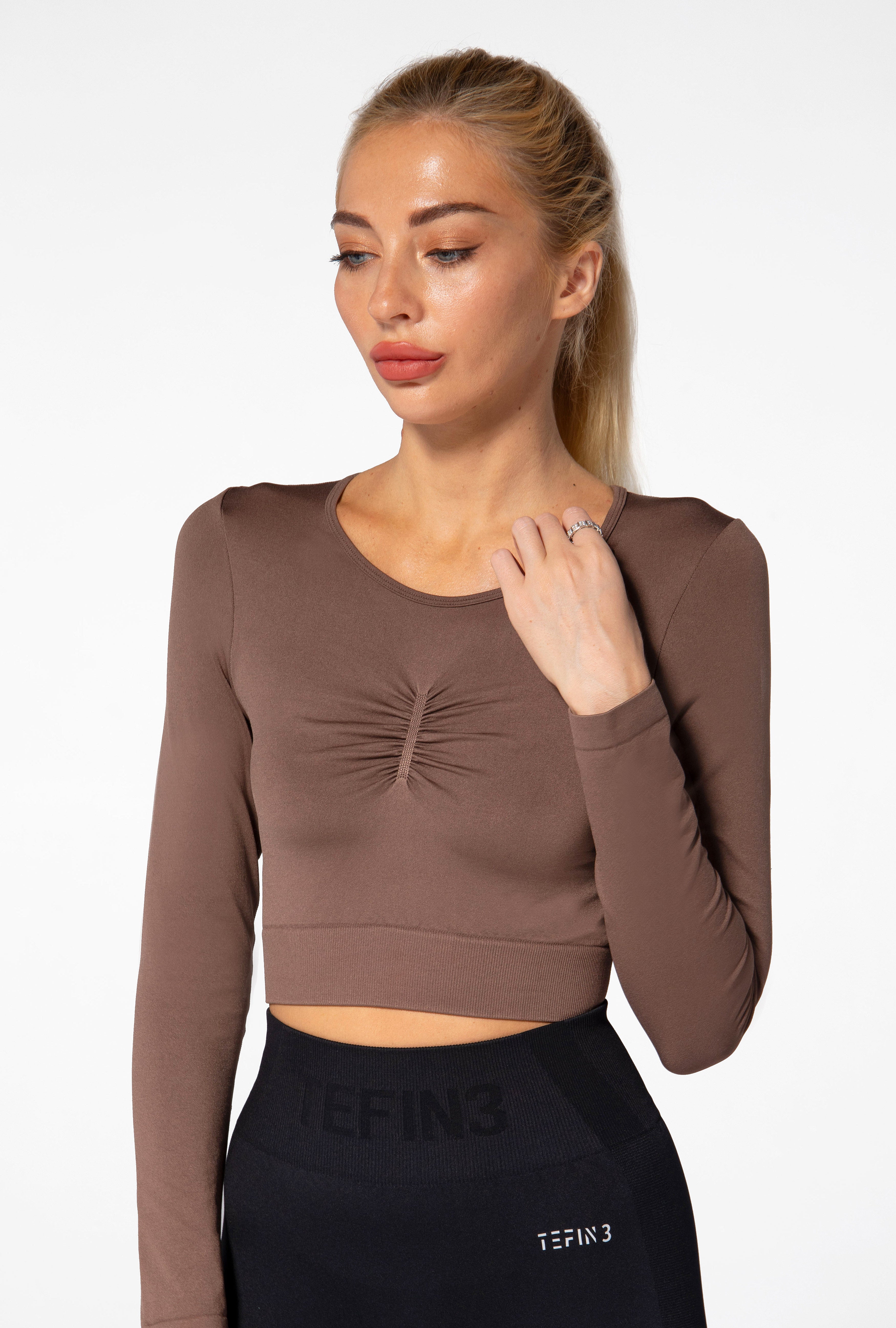 Comfy Seamless Tops Long Sleeve Chocolate Brown（1）