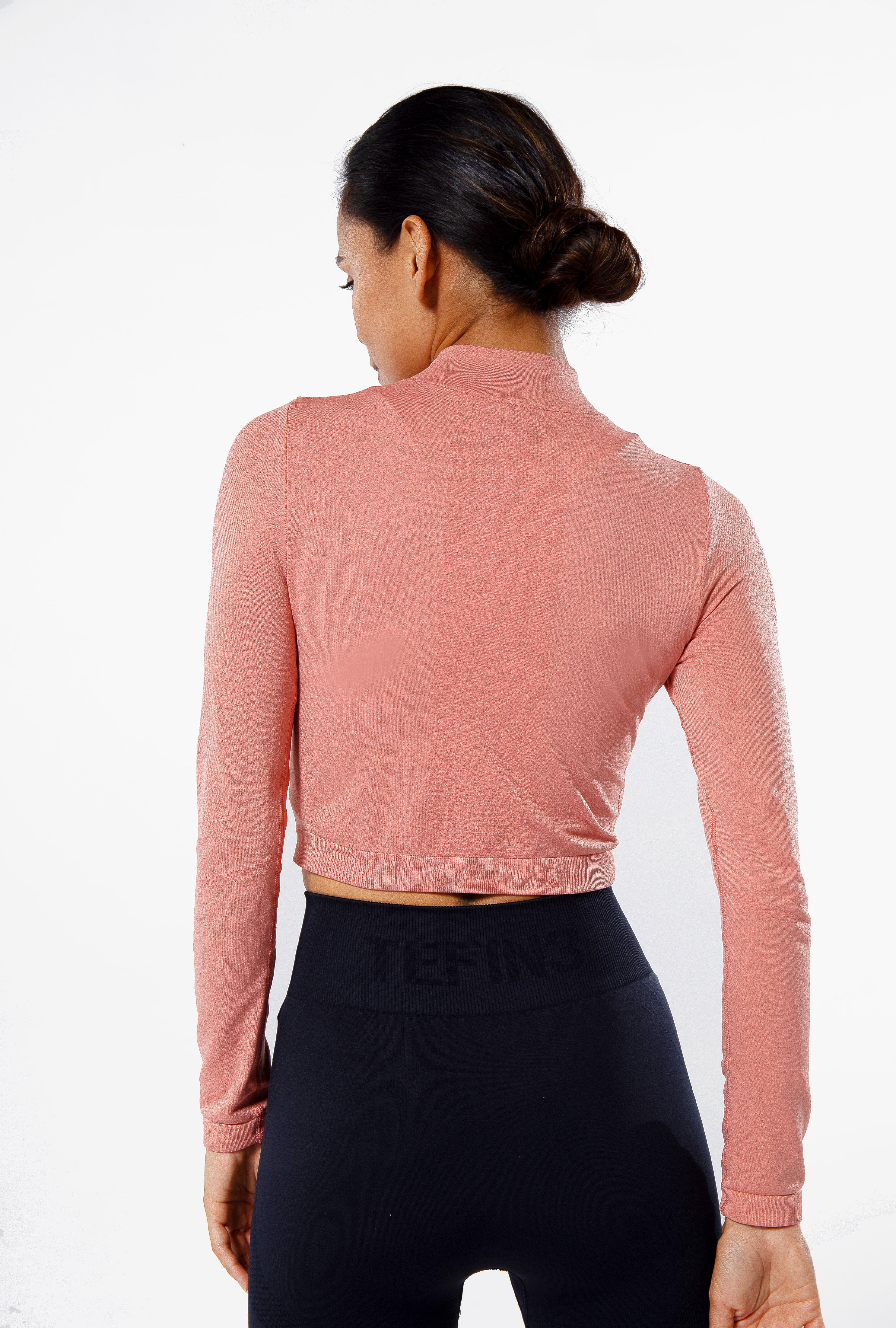 TEFIN3 Comfy Seamless Long Sleeve Zip Crop Top Rose Brown (2)