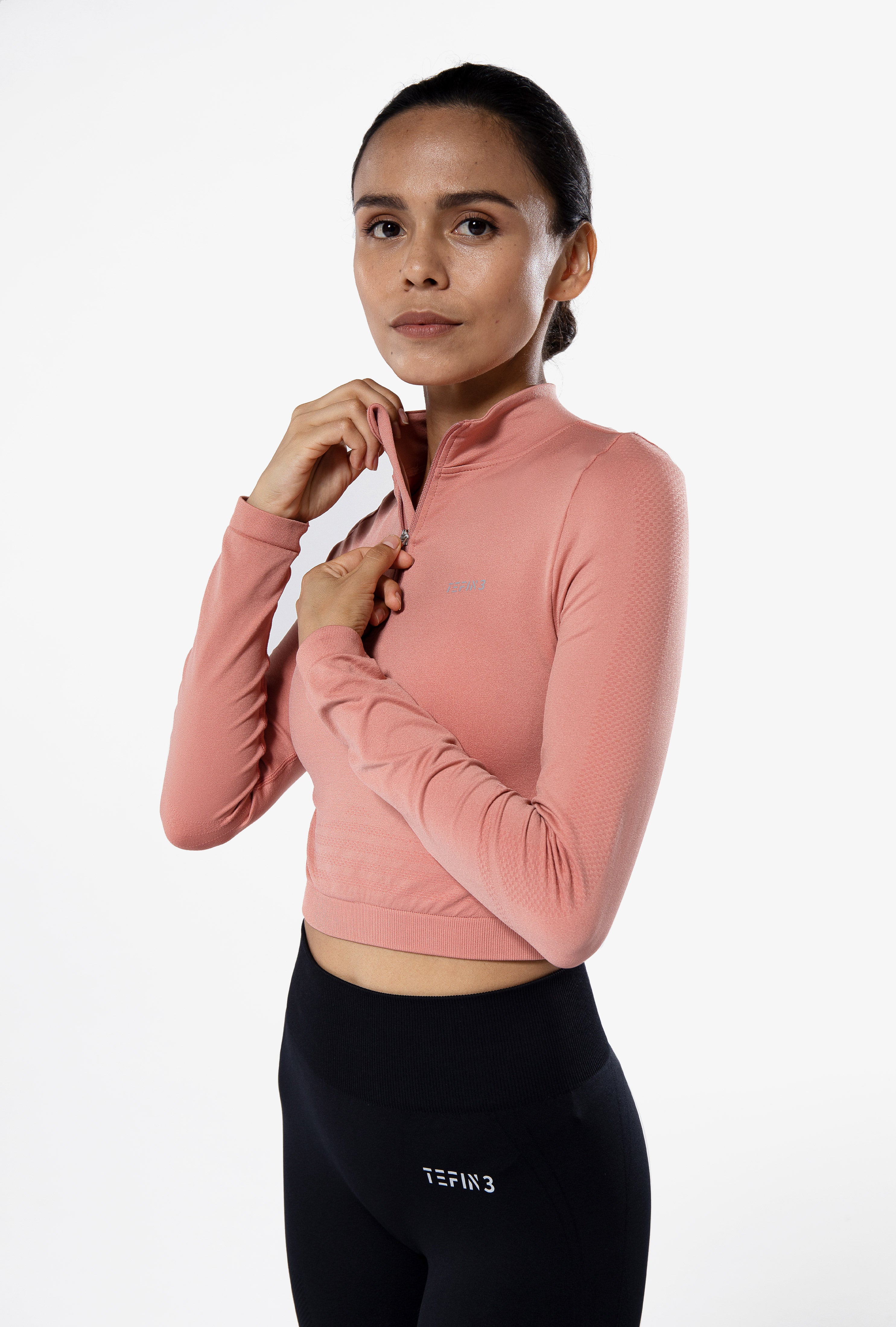 TEFIN3 Comfy Seamless Long Sleeve Zip Crop Top Rose Brown (5)